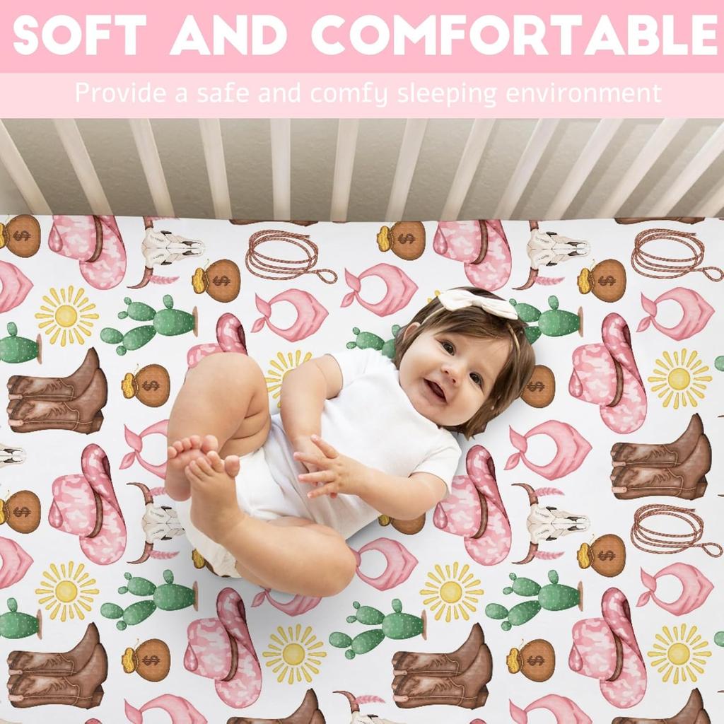 Pink Western Cowgirl Cowboy Fitted Baby Crib Sheet for Boy Girl 52"x28" Desert Cowboy Hat Boot Sun Cactus Soft Breathable Baby Crib Mattress Bed