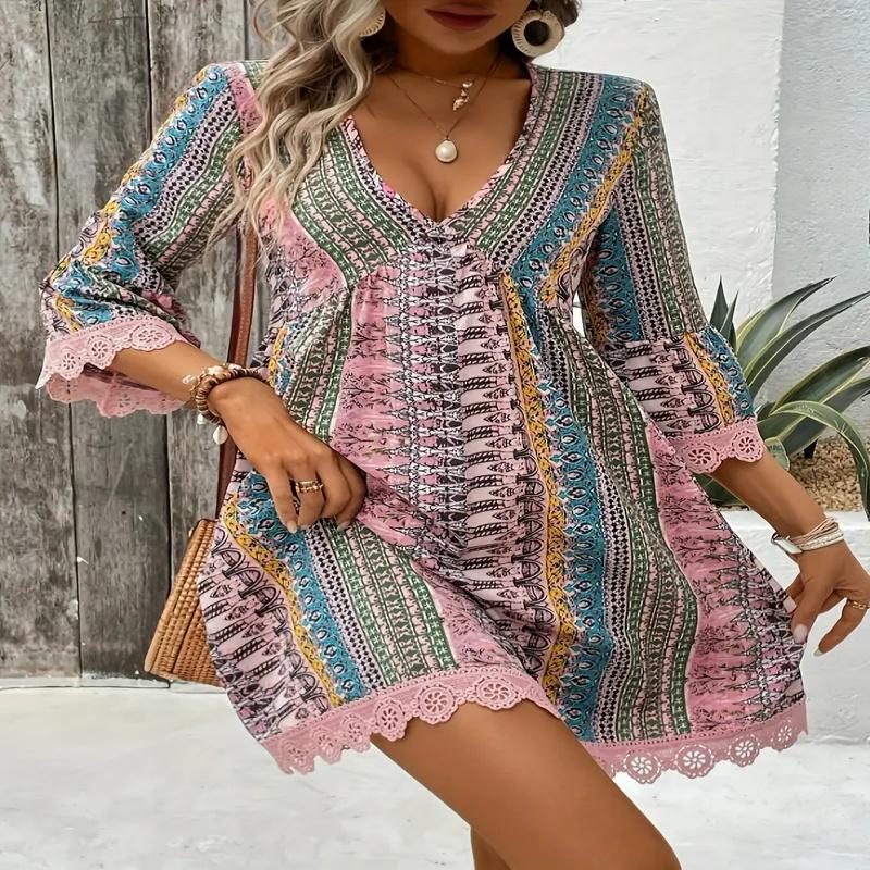 Vintage Printkleid Damen Mode Boho Sexy V-Ausschnitt Langarm Locker Kleider Für Frauen Sommer Urlaub Vestidos Damen Kleidung Neu