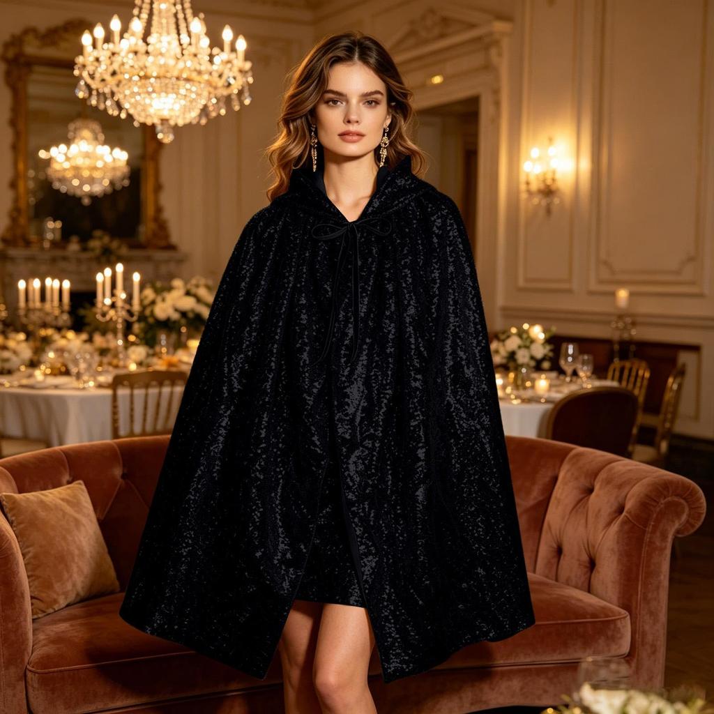 Women's Color Sequined Hooded Cape, Performance Stage Costume for Holiday Fancy Dress, 100cm
