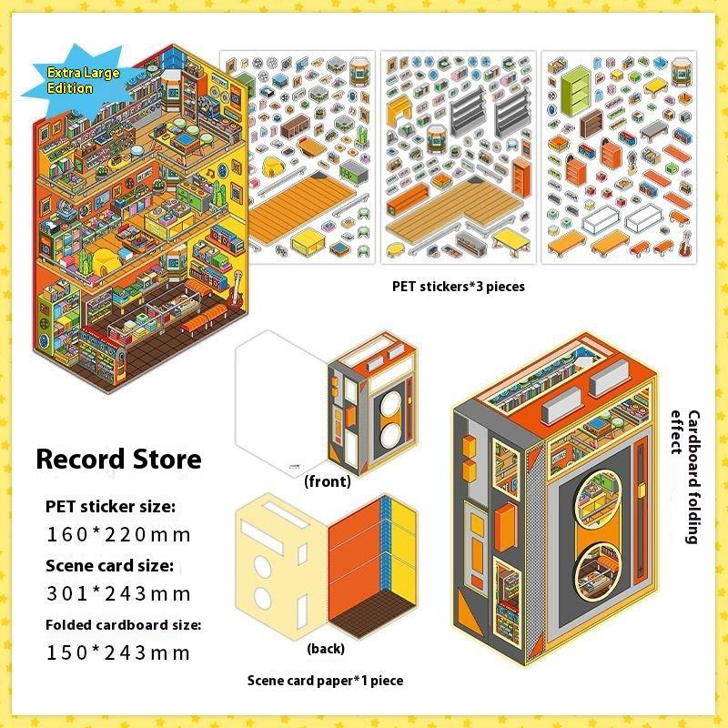 Plus Size Retro Esports Room Flip Cover Landscape Sticker Diy 3D Dopamine Color Cabin Miniature Scene Sticker Gift For Kid Child