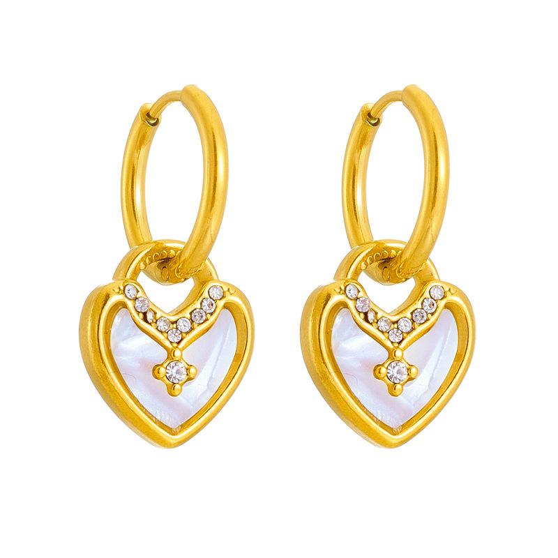 18K Gold & Stainless Steel Women's Retro Jewelry: Shell Heart Necklace, Bracelet & Earrings with Diamonds