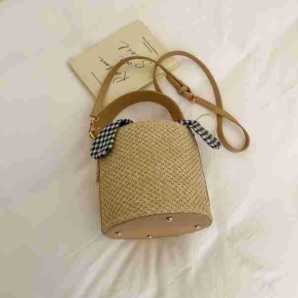 2026 Bow Plaid Straw Woven Bucket Bag: Fashionable, Versatile Single Shoulder Crossbody Handbag for Women