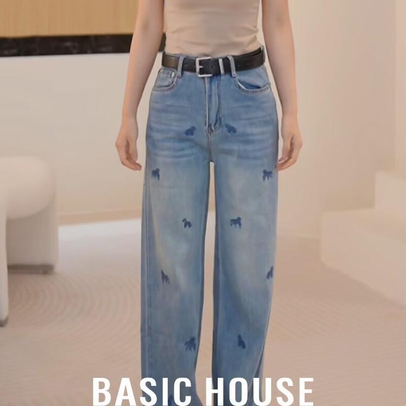 Basic House Women s Embroidered Wide-Leg Jeans L синий