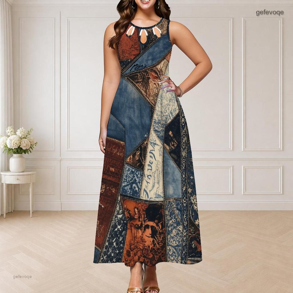 Women Plus Size Round Neck Triple Keyhole Sleeveless Tie Dye Printed Maxi Dress