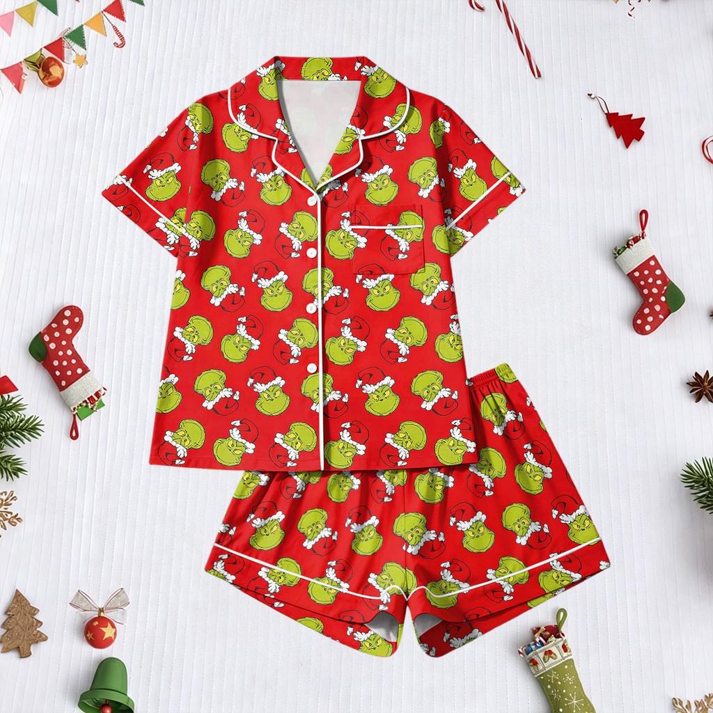 Women's Christmas Print Two Piece Outfit Short Sleeve Top and Casual Shorts Matching Set