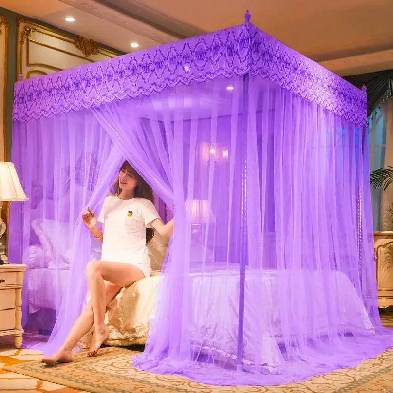 Embroidery Lace Pleated Mosquito Net for Bed Square Romantic Queen Double Bed Net Canopy Stainless Steel Bracket Not Included