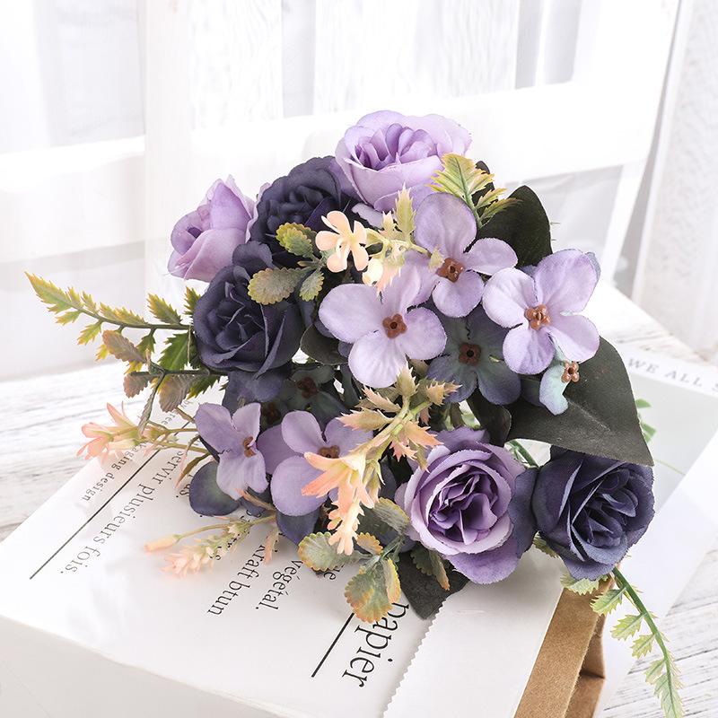 Fake Rose Bouquet Realistic Artificial Silk Roses Wedding Decoration Flowers Colorful Silk Hydrangea Flowers For Home Decoration