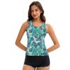 Costume da bagno bikini due pezzi da donna con stampa di foglie blu e schiena a vogatore, con pantaloncini