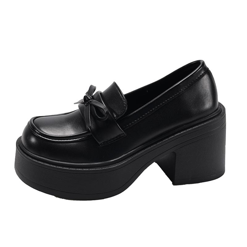 Fashion Bowknot Decor Chunky High Heel Pumps Women 2025 Goth Patent Leather Platform Loafers Woman Fashion Thick Sole Jk Uniform Shoes