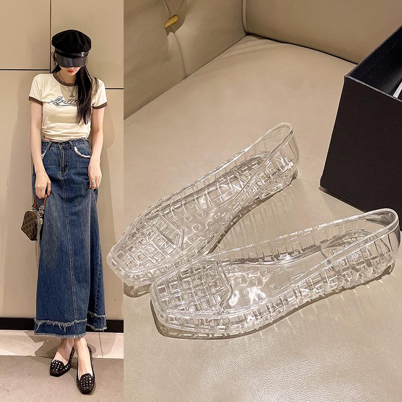 Korean-Style Low-Cut Crystal Flat Sandals & Slip-On Jelly Shoes with Square Toe