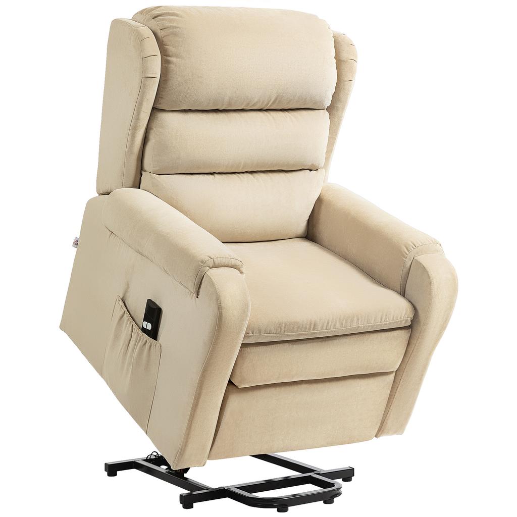 Riser Recliner Armchair Reclining To 160 Degrees with Footrest and Remote Control, In Velvet, 85x88x109 Cm, Cream