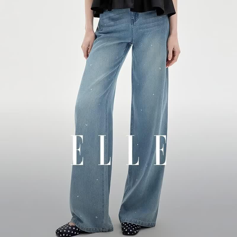 ELLE Women s Rhinestone Lyocell Tencel Wide-Leg Denim Jeans S джинсовый синий
