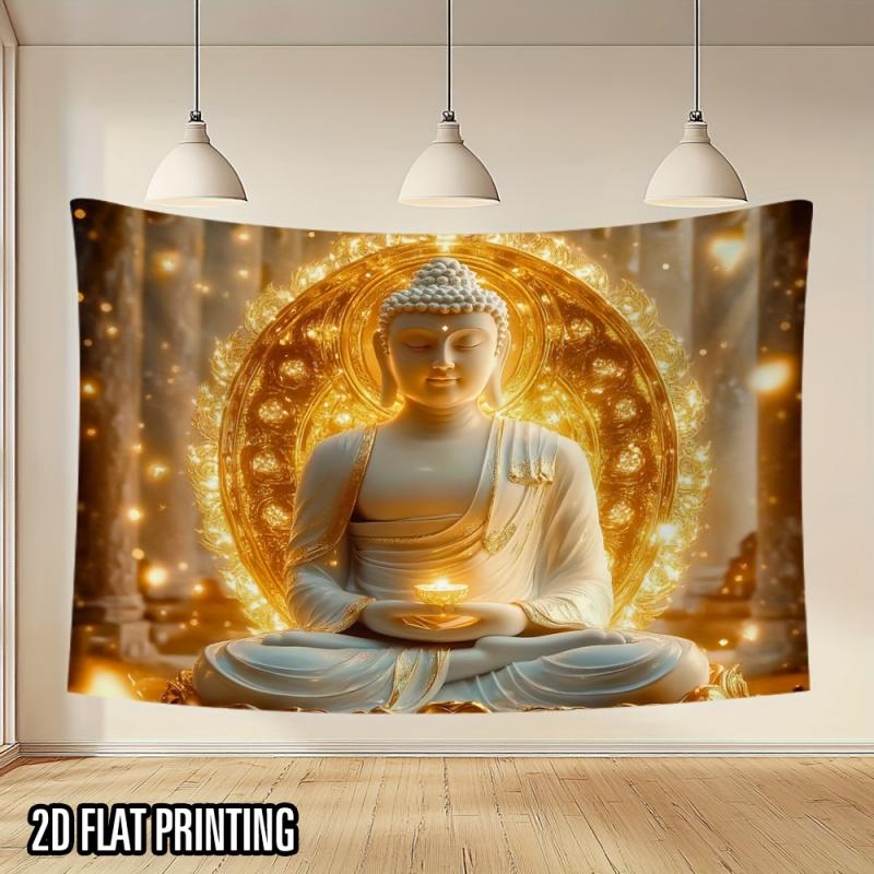 Golden Halo Buddha Tapestry Meditating Buddha Wall Hanging For Living Room Tea Room Meditation Space Decor Spiritual 100X70CM
