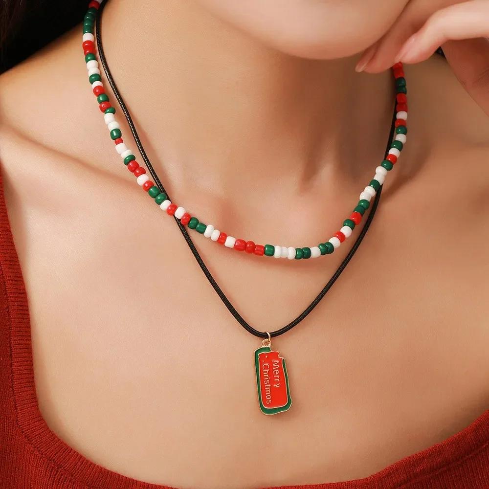 Snowflake Christmas Tree Santa Claus Pendant Chokers Women's Christmas Colorful Beads Necklace Collarbone Chain Xmas Gifts