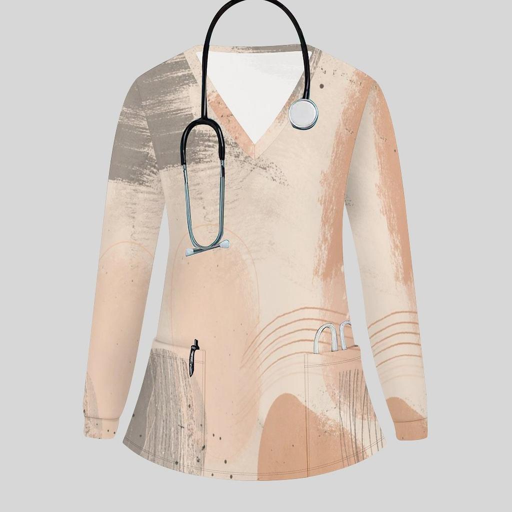 Women Plus Size Floral Leaf Print Scrub Top V Neck Long Sleeve With Front Pockets