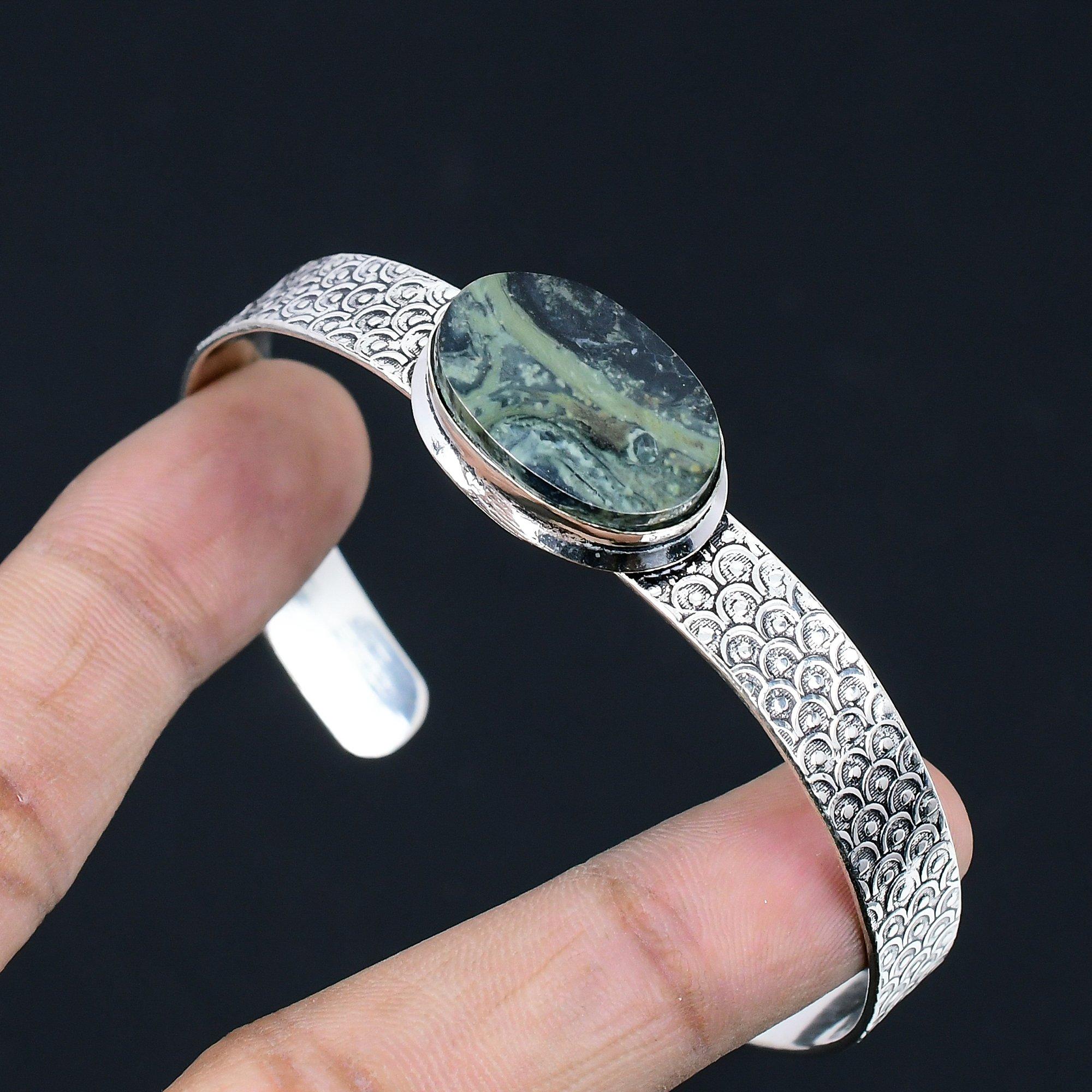 

Womens day Sale 925 Silver Oval Kambaba Jasper Gemstone Boho Wife Bangle Jewelry Adjustable
