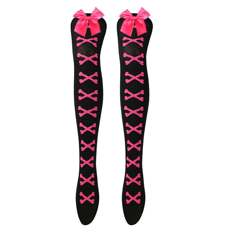 1 Paar Mädchen Schwarz Süß Niedlich Rosa Y2K Harajuku Lolita Oberschenkelhohe Strümpfe Mädchen Knochen Schleife Socken Streetwear