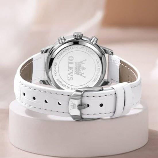 OLEVS watch women popular leather strap wristwatch quartz beautiful bracelet set lightweight slim waterproof date luminous white gift girlfriend.