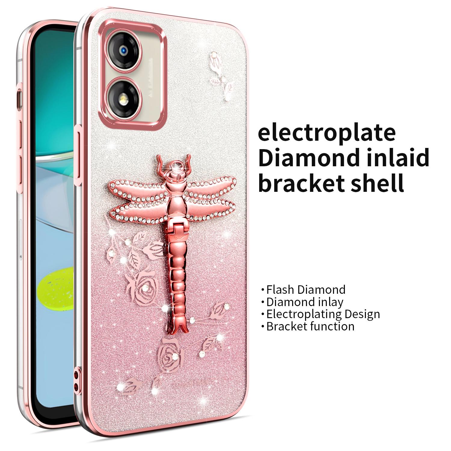 

For Motorola Moto E13 4G Case Dragonfly Kickstand TPU Flowers Glitter Phone Cover Pink