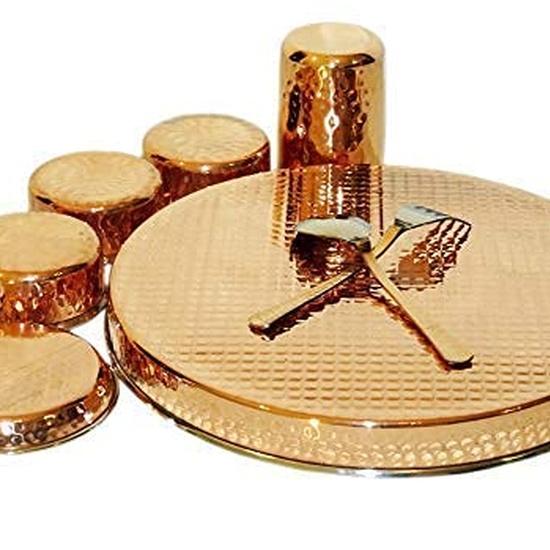 Copper Traditional Dinner Set of Plate, Bowls, Fork, Glass Spoon , Diameter 13 Inch Stainless Steel Copperware Thali (Set of 8 pieces)