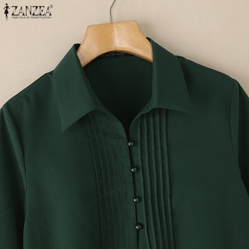 ZANZEA Women Casual Turn Down Collar Solid Color 3/4 Sleeve Blouse