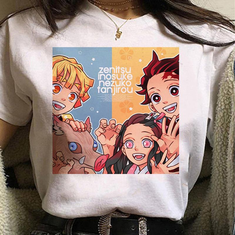 Kawaii Casual Anime Demon Slayer Kimetsu No Yaiba Graphics Female T-Shirt Summer Loose Blouse White Tees O-Neck Women Goth Tops