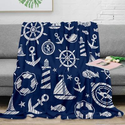 Nautical Blue Anchor Rudder Boat Fish Lighthouse Flannel Blanket Travel Picnic Blanket Portable Soft Bedspread Blankets for Beds