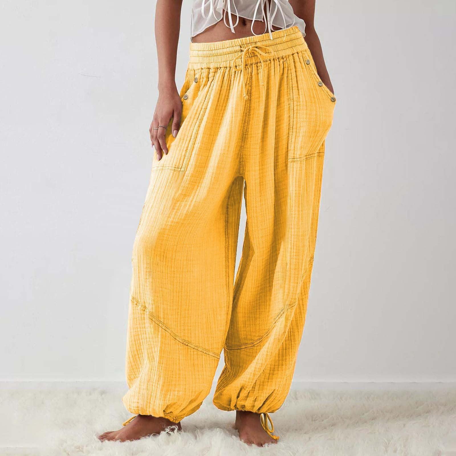 

Женские модные свободные однотонные повседневные брюки с эластичной резинкой на талии и карманами M жёлтый