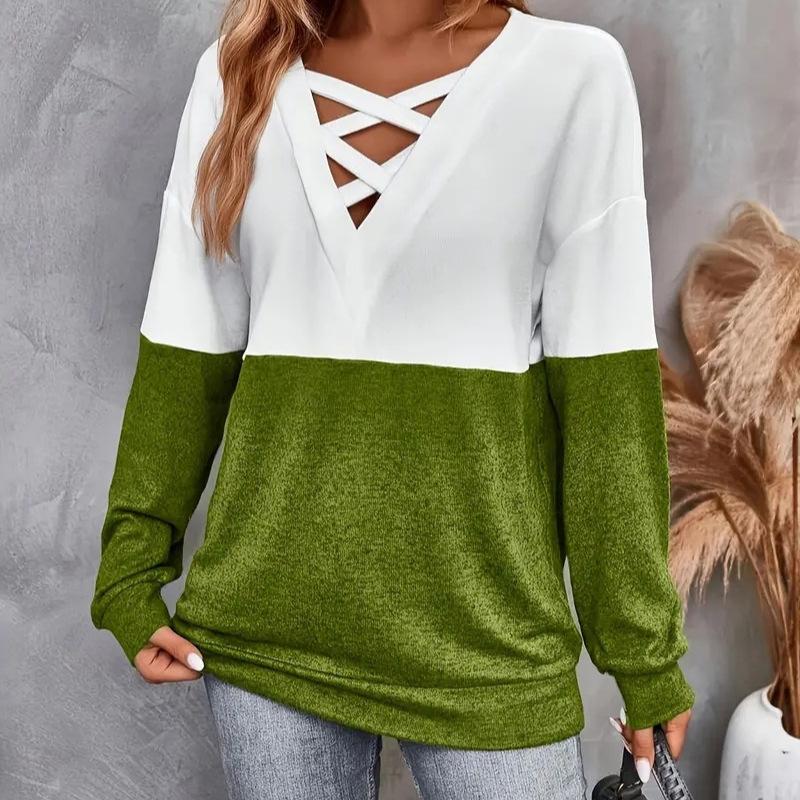 

A New V-neck Cross-color Contrasting and Off-the-shoulder Sleeve Casual T-shirt for Women In Autumn and Winter S