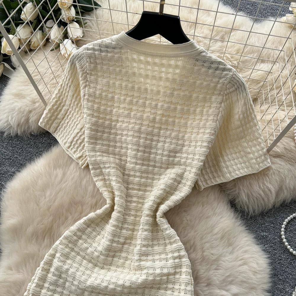 Summer Autumn Knitted Sweater Dress for Women Fashion Short Sleeve Single-breasted Hollow Out Elastic Simple Prom Dresses