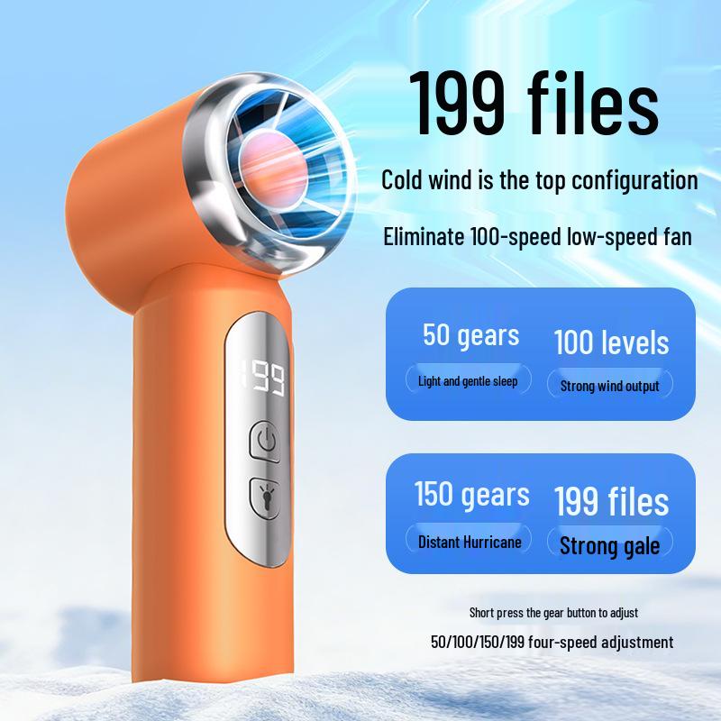 199-Speed Lightweight Turbo Mini Fan: Portable, Handheld, Digital Display, with Lighting and Charging Features.