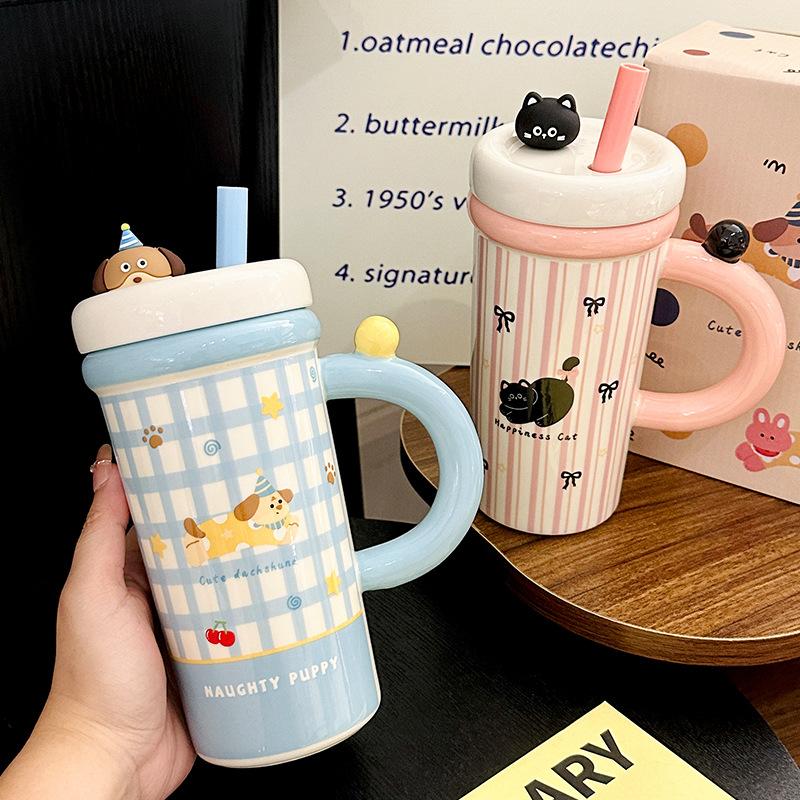 Cartoon Straw Cup Large Capacity Ceramic Drinking Cup with Lid Cute Animal Breakfast Milk Cup Souvenir