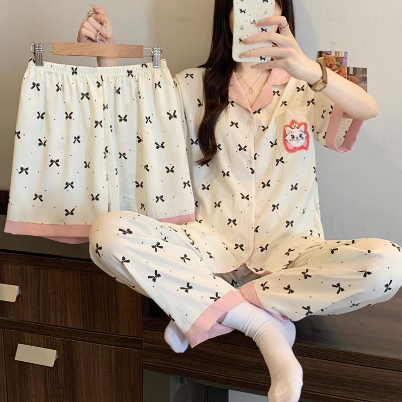 Leopardenmuster Herz Kurzarm-Pyjama-Set: Damen Sommer Wolkenbaumwolle Dreiteiliger Loungewear