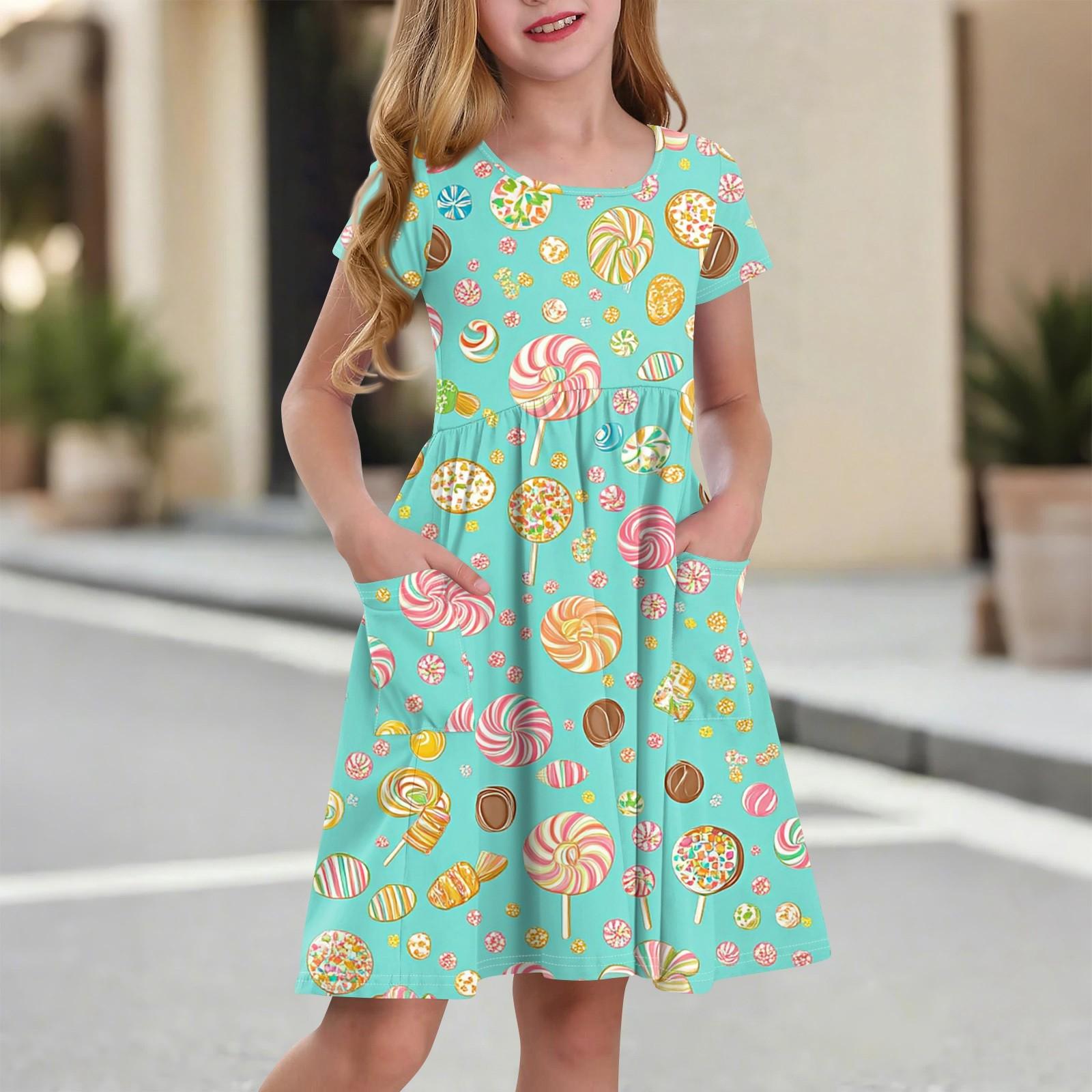 Girls  Summer Strawberry Print Dress with Pockets, Cute Short Sleeve Casual Sundress for Kids, Ages 3-10 140