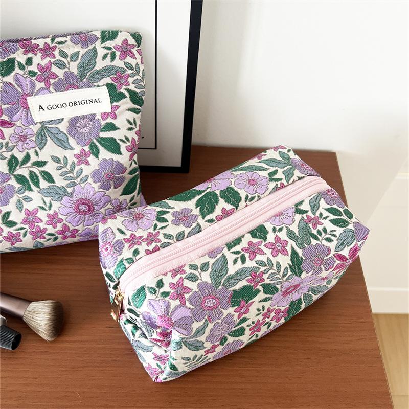 Portable Purple Flower Fabric Cosmetic Bag Makeup Pouch Organizer