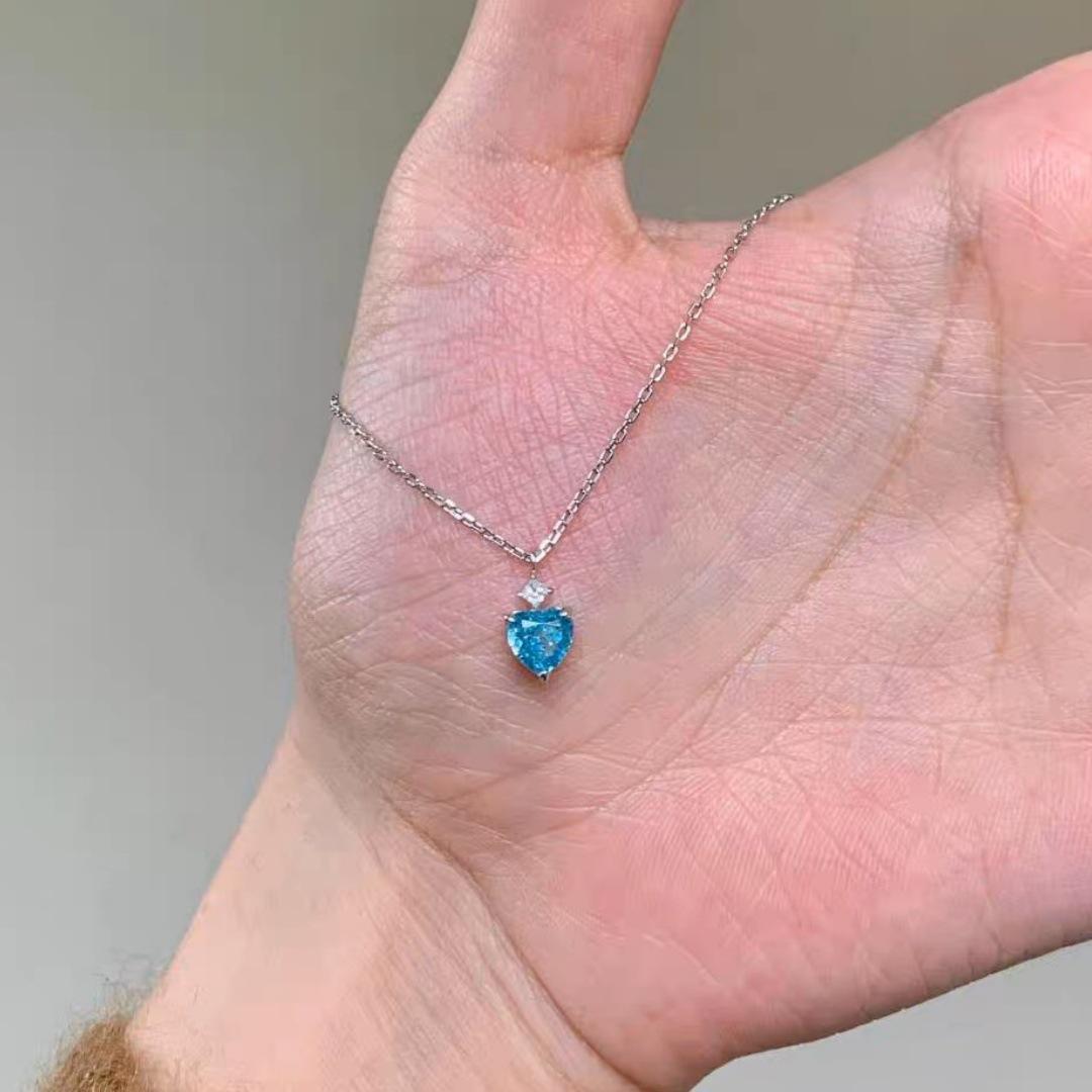 Французский~ Прохладный Синий Любовь Циркон Ожерелье Женское Ретро Супер Блеск Летний Легкая Роскошь Высококлассная Ключичная Цепь