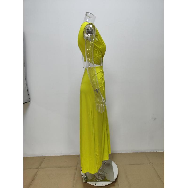 Women Sexy Hollow Out Slit Irregular V Neck Sleeveless Long Dress