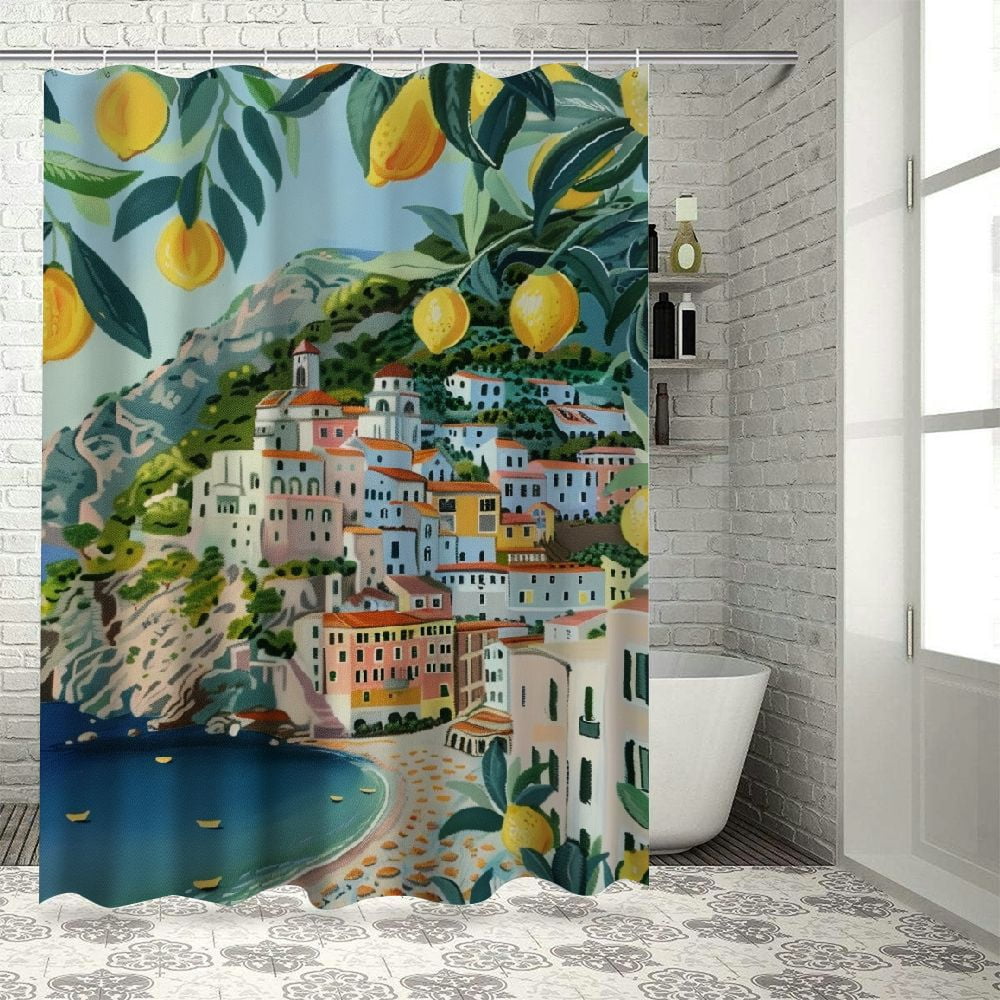 Charming Mediterranean Village Waterproof Shower Curtain - Vibrant Lemon Tree Design for a Coastal and Inviting Bathroom Decor W90XH180cm