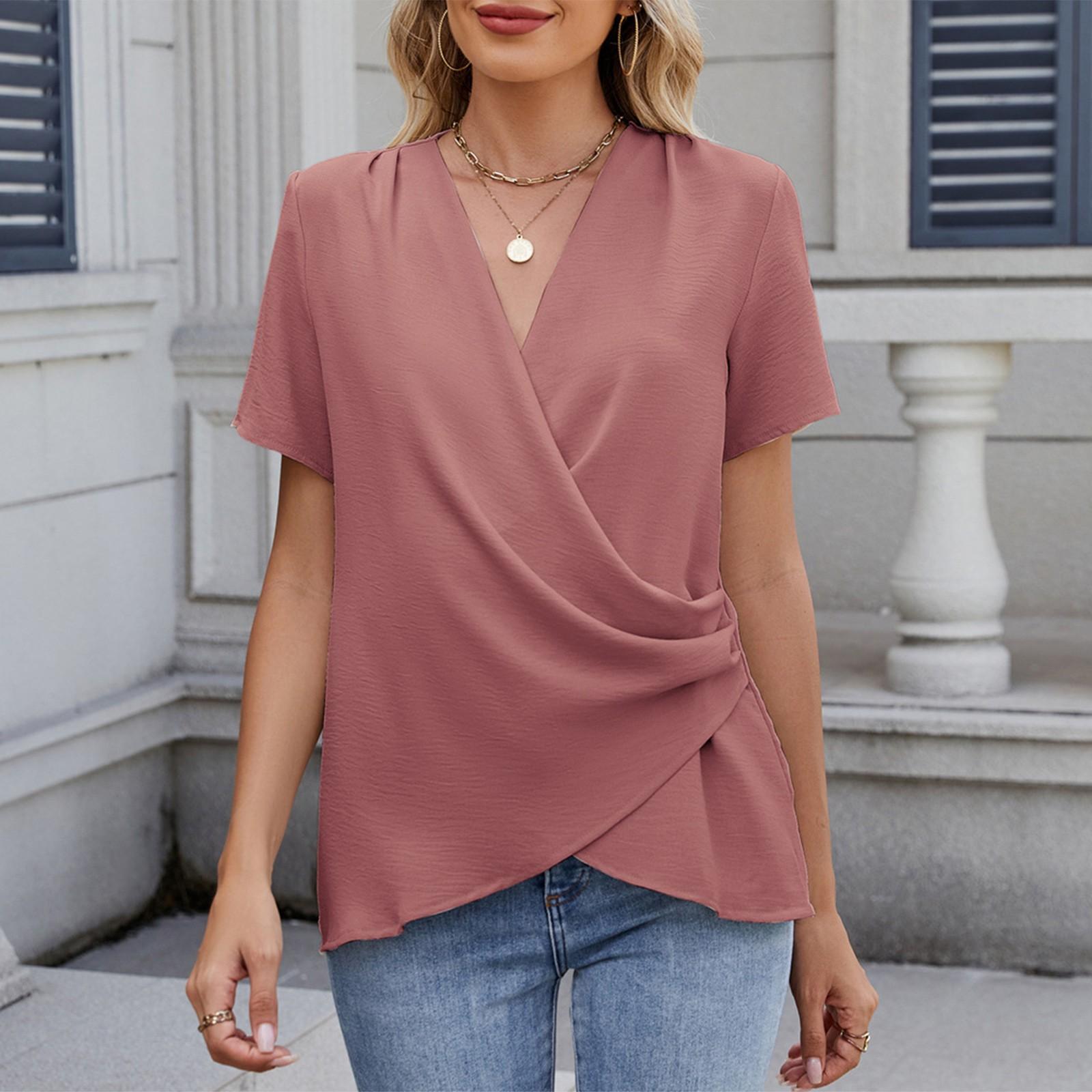 

Весна и лето новый модный женский пуловер с V-образным вырезом повседневная однотонная футболка для женщин XXL розовый