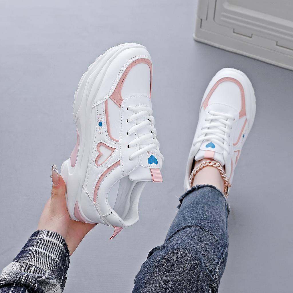 Women's Breathable Mesh & Synthetic Low-Top Sneakers | 2025 White & Black Casual Running Shoes with Red Heart Accent, Round Toe Design, TPU Sole