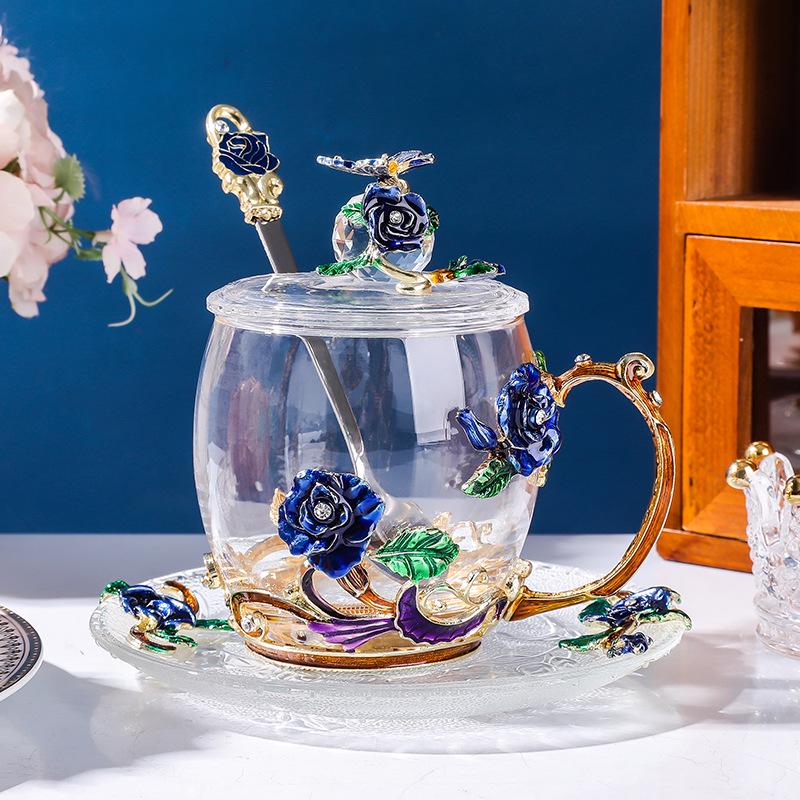 Colored Enamel Flower Glass Tea and Coffee Cup Set for Home and Office