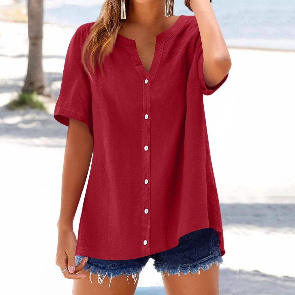 Women's Fashion Loose Casual Summer V-neck Short Sleeve T-shirt