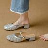Square head woven hollow bag head half slippers women's 2025 summer new wear thick heel fashion sandals