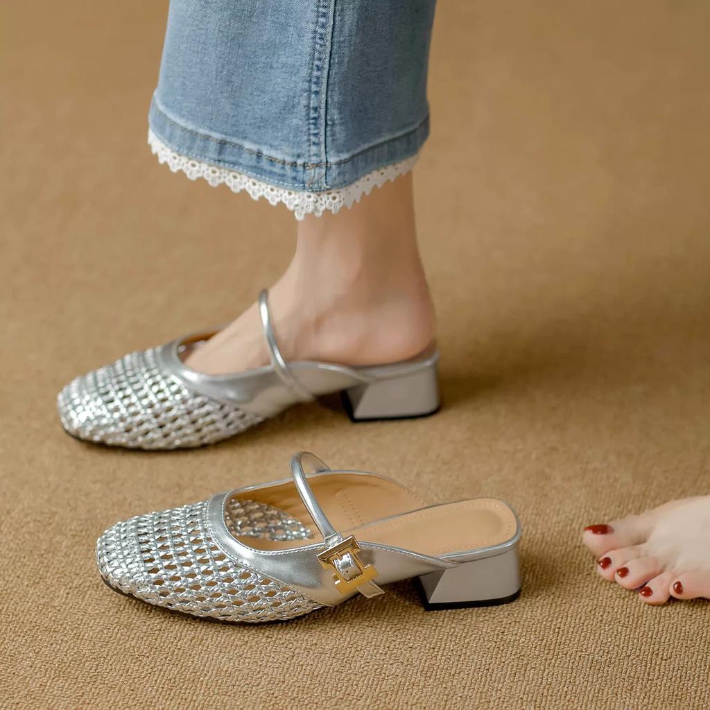 Square head woven hollow bag head half slippers women's 2025 summer new wear thick heel fashion sandals