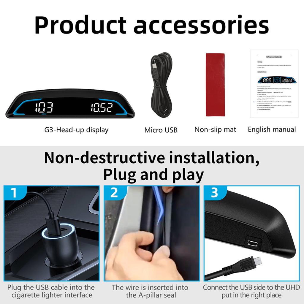 G2 G3 Car GPS HUD Speedometer Head Up Display HD Digital Screen Over Speed Alarm Speedometer Cars Electronic Accessories