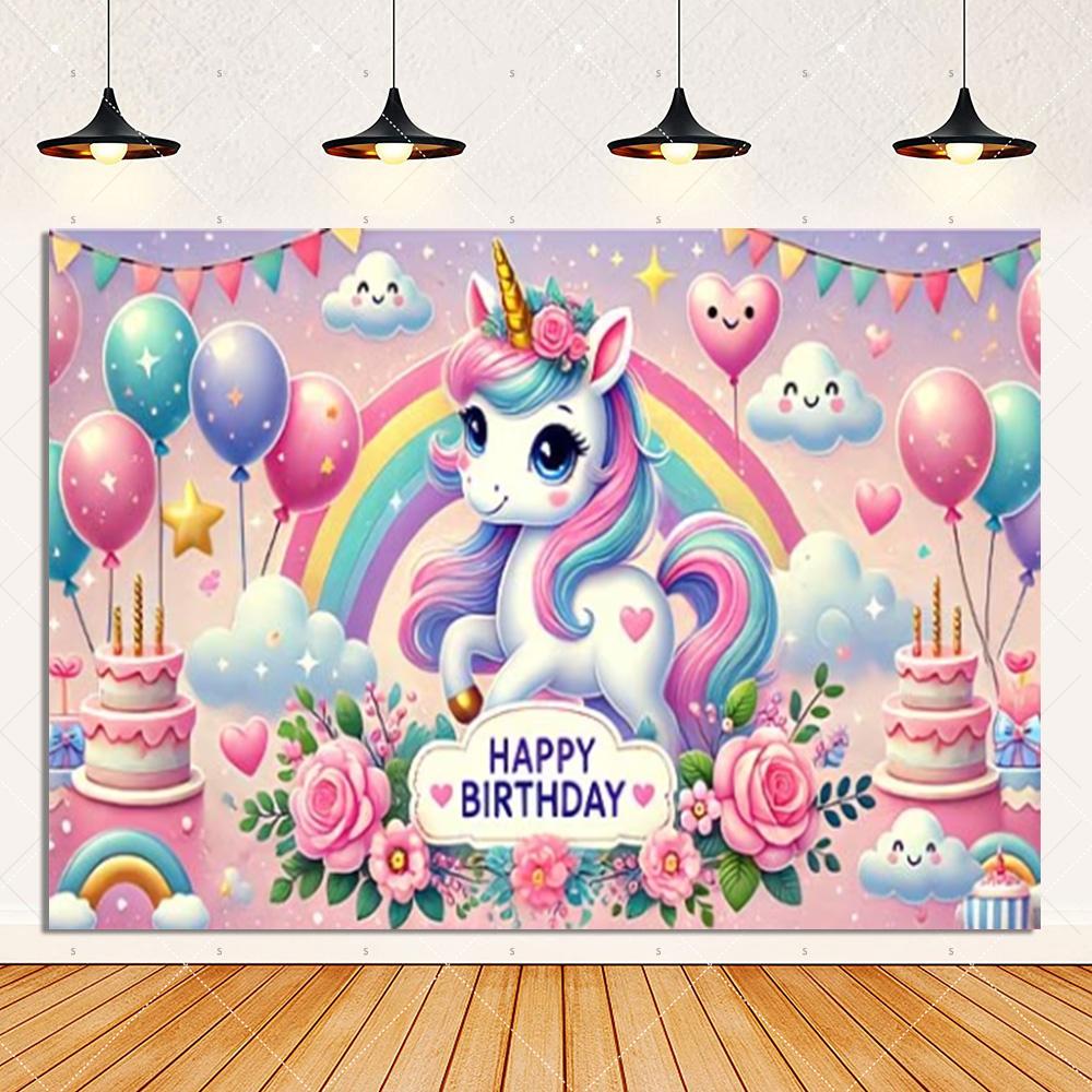 Unicorn birthday party decorations, rainbow castle backdrop, balloons, cake, photo booth props, gift for children2575