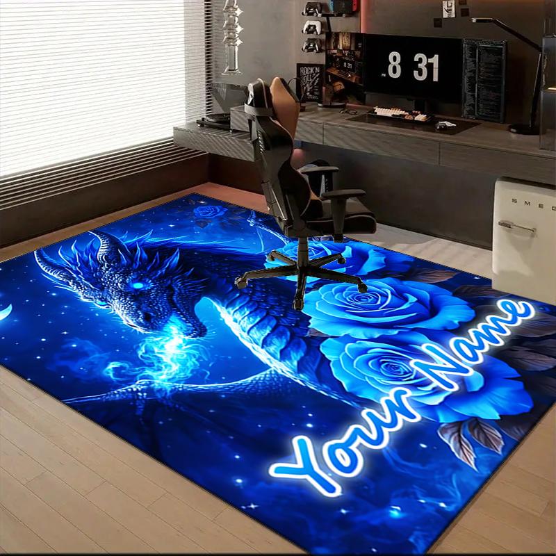 1PC Custom Name Blue Dragon Roses Night Theme Floor Mat Ideal for Living Room, Game Rooms, Office, Bedroom,Floor Mat Playful Design