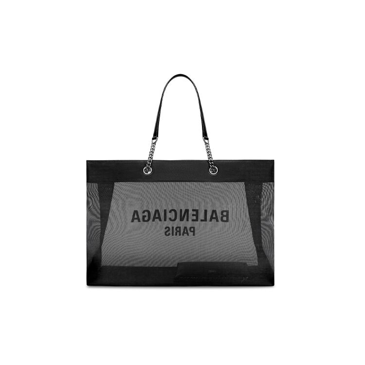 Balenciaga Duty Free Distressed Silver Metal Logo Print Mesh Tote Bag Women Tote Bags Black 7416052AADB1090