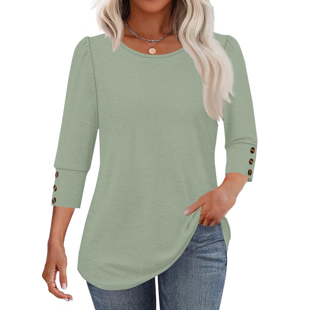 Women's Fashion Casual Solid Color Round Neck Seven-quarter Sleeve T-shirt Top
