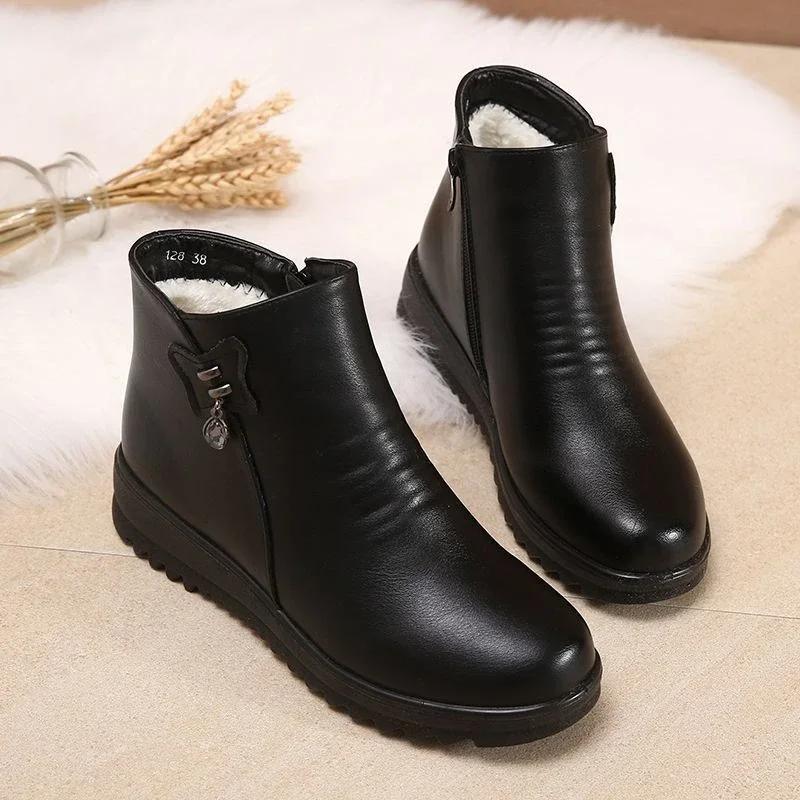 2024 Casual Leather Boots Trend Winter Middle-aged Bottom Shoes for Woman's Warm Cotton Shoes  Bottom Non-slip Wool Women Boots